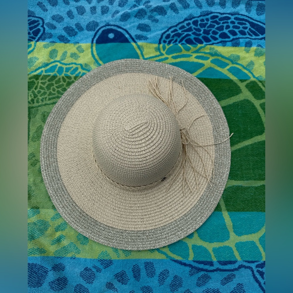 Jessica Simpson Straw Floppy Sun Hat Tan w/Gold thread at Rim Straw Braided Band